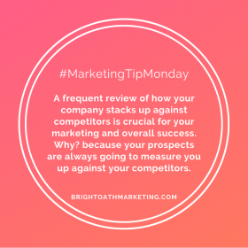 Image with text: "#MarketingTipMonday A frequent review how your company stacks up against competitors is crucial for your marketing and your overall success. BrightOathMarketing.com"