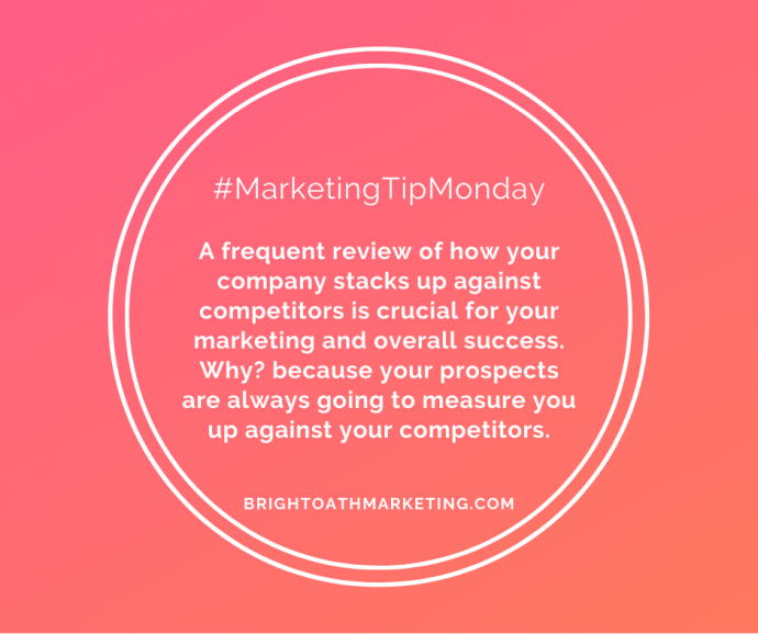 Image with text: "#MarketingTipMonday A frequent review how your company stacks up against competitors is crucial for your marketing and your overall success. BrightOathMarketing.com"